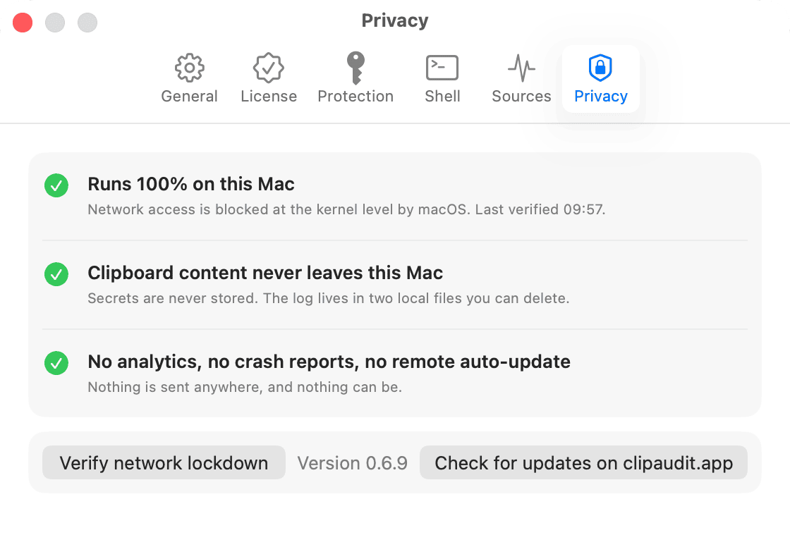 Privacy settings: runs 100% on this Mac, network blocked at the kernel level.