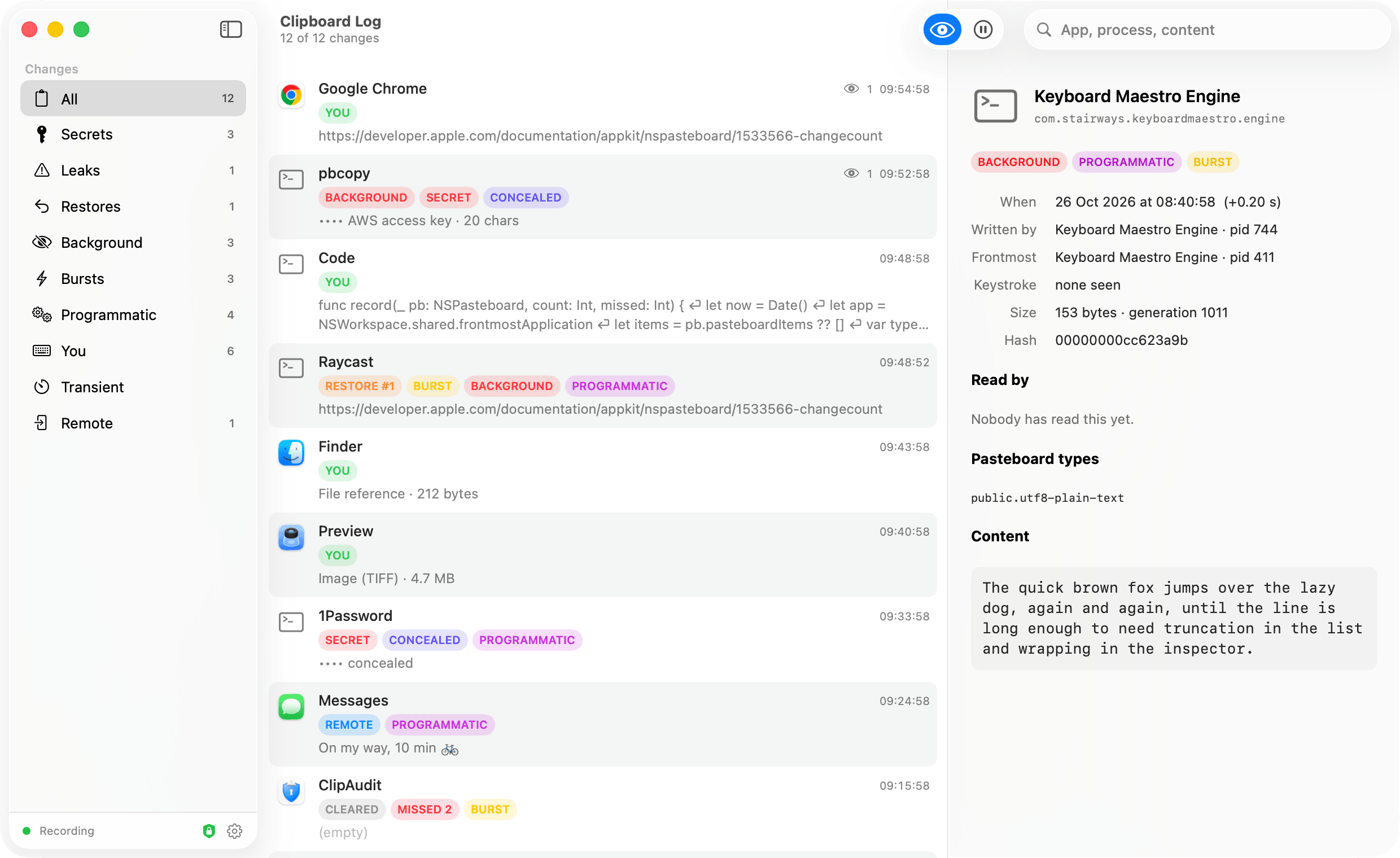 ClipAudit log window listing clipboard changes with the app behind each one.