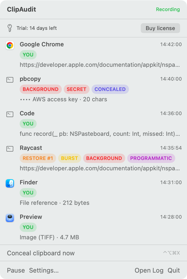 The ClipAudit menu bar popover listing the last changes with their flags.