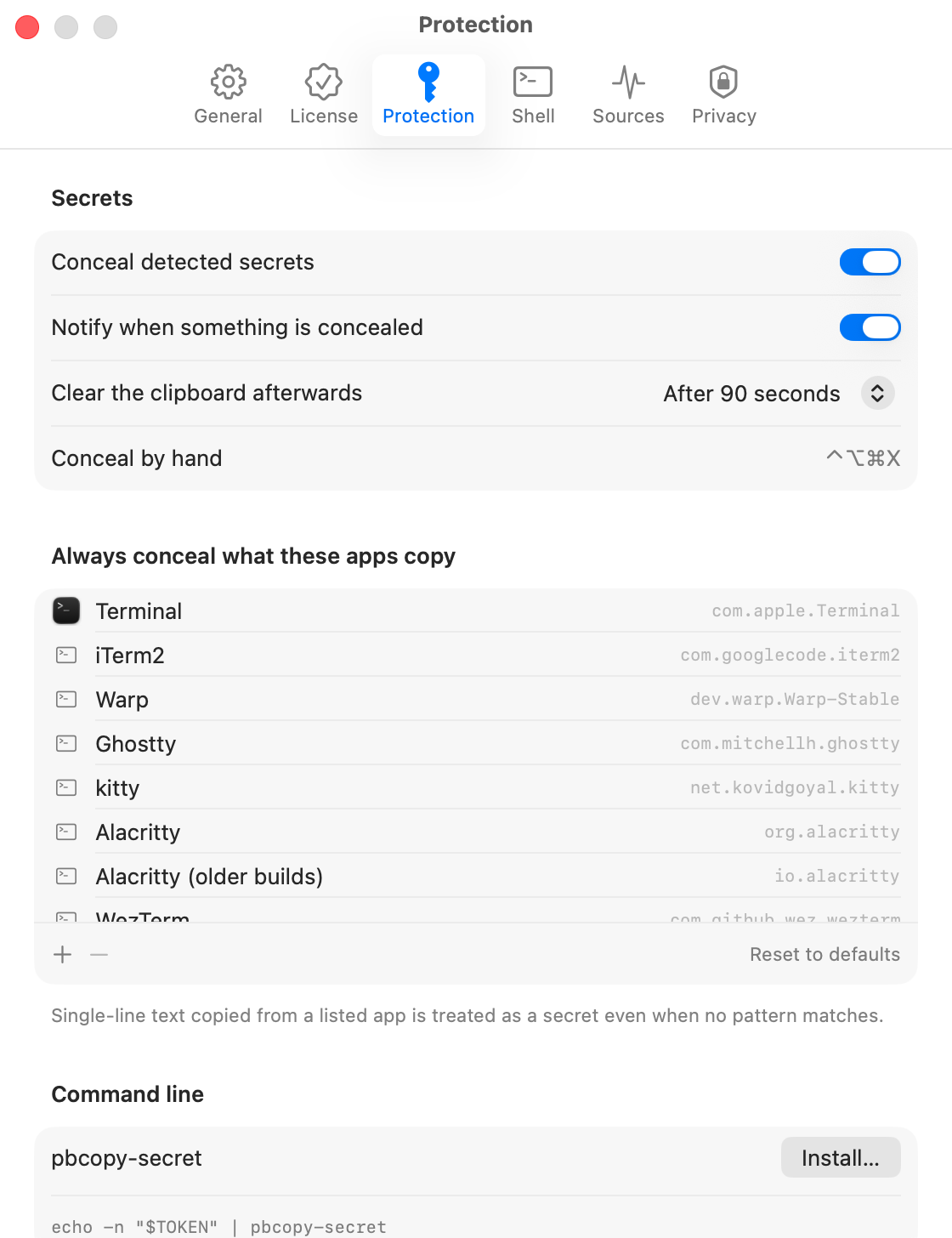 Protection settings: conceal detected secrets, notify, auto-clear, and the list of apps whose copies are always concealed.
