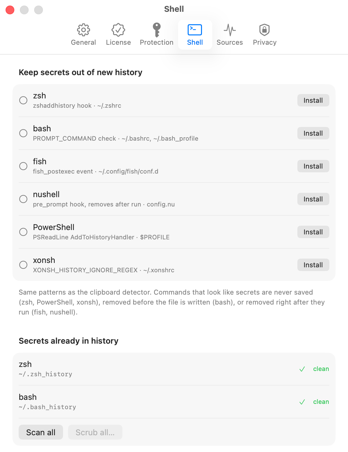 Shell settings: install hooks for zsh, bash, fish, nushell, PowerShell and xonsh, and scan history files for secrets.